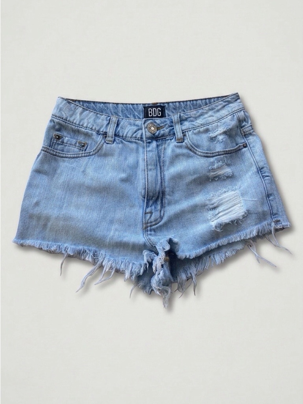 BDG, High Rise Dree Cheeky Shorts, Women's, 27, Distressed Raw Hem, Light Wash